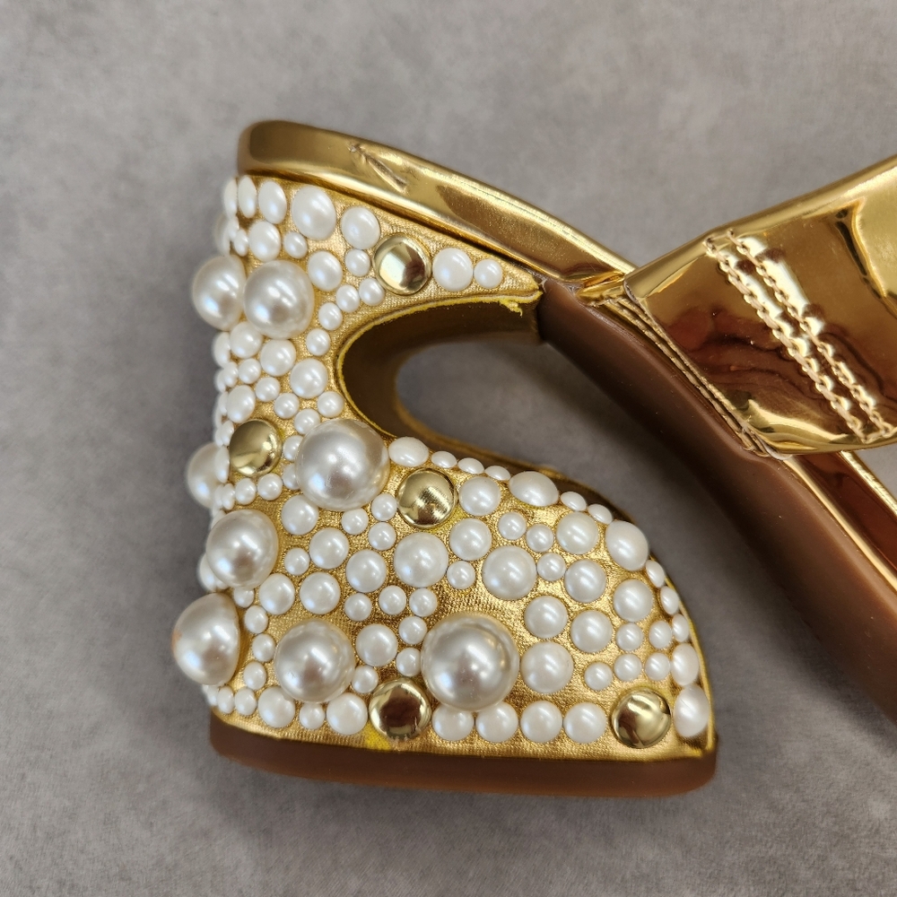 Gianni Bini Dress Sandals 9.5 Gold Penei Architectural Chunky Jewel Heel New$150 - Picture 14 of 17